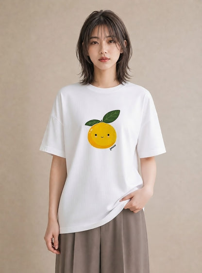 プリントTシャツ レディース みかん 食べ物 フード イラスト カフェコーデ ミセス 春コーデ 白T