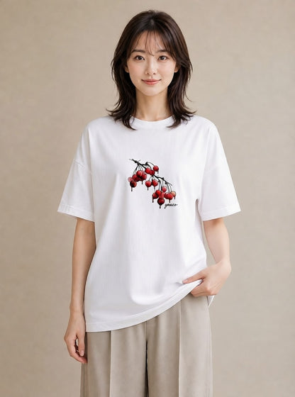 半袖Tシャツ レディース さくらんぼ チェリー 食べ物 フード イラスト 抜け感 友達ギフト 部屋着 白T