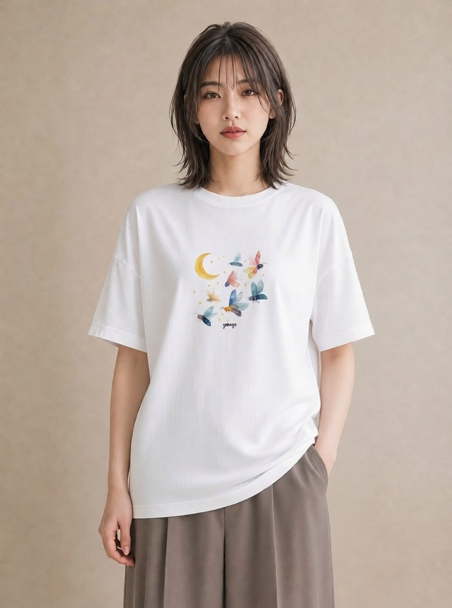 半袖Tシャツ レディース 満月 星空 宇宙 イラスト 上品 散歩 お出かけ 白T