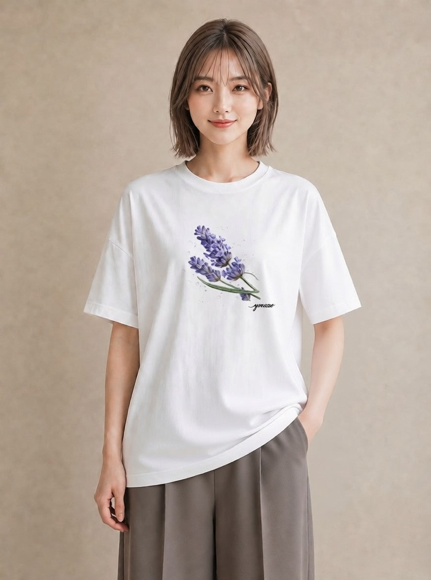 プリントTシャツ レディース ラベンダー 花 花柄 イラスト ペアコーデ 秋コーデ 白T