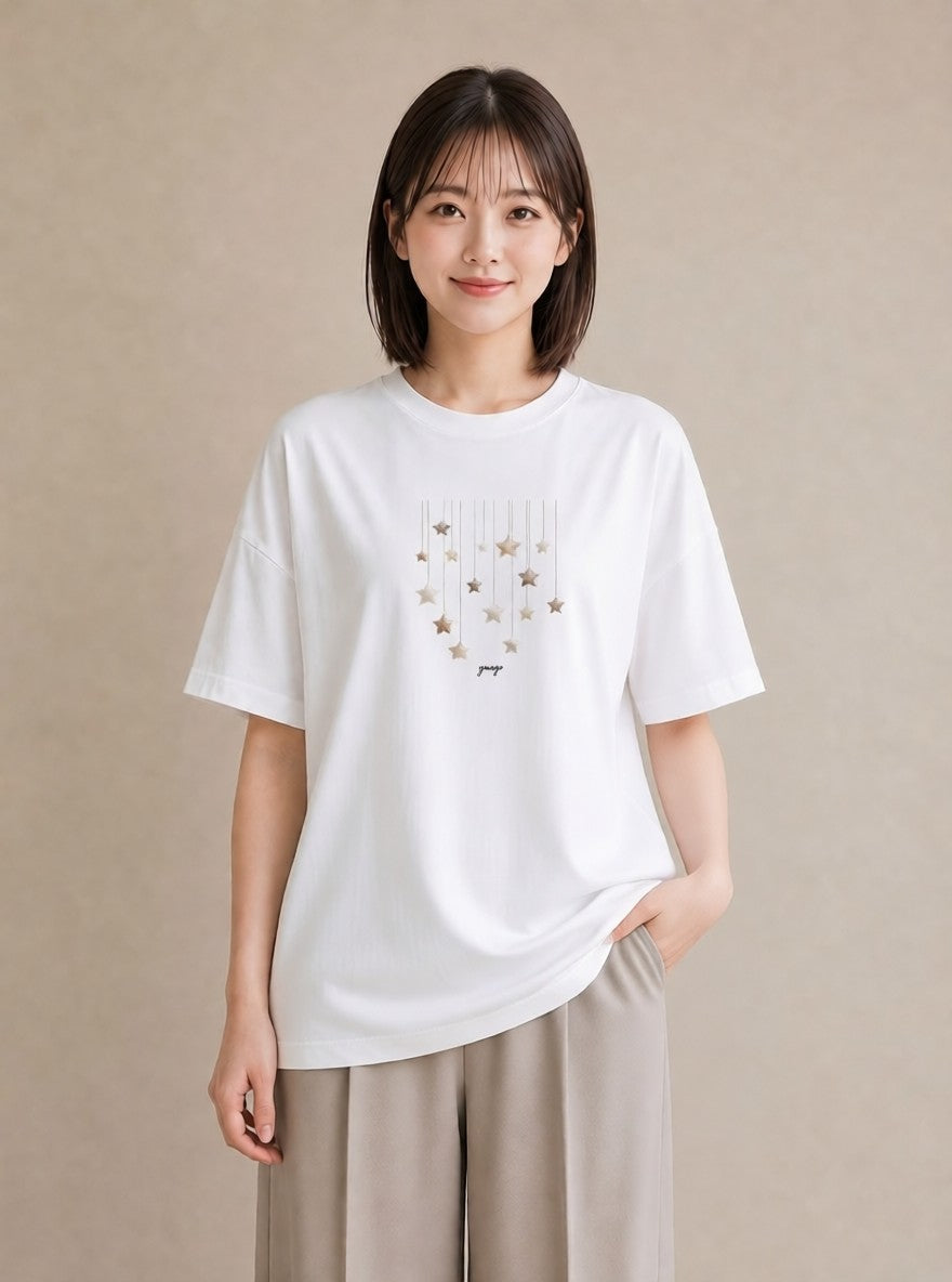 プリントTシャツ レディース スター 星空 宇宙 イラスト カジュアル 帰省 ラフ 白T