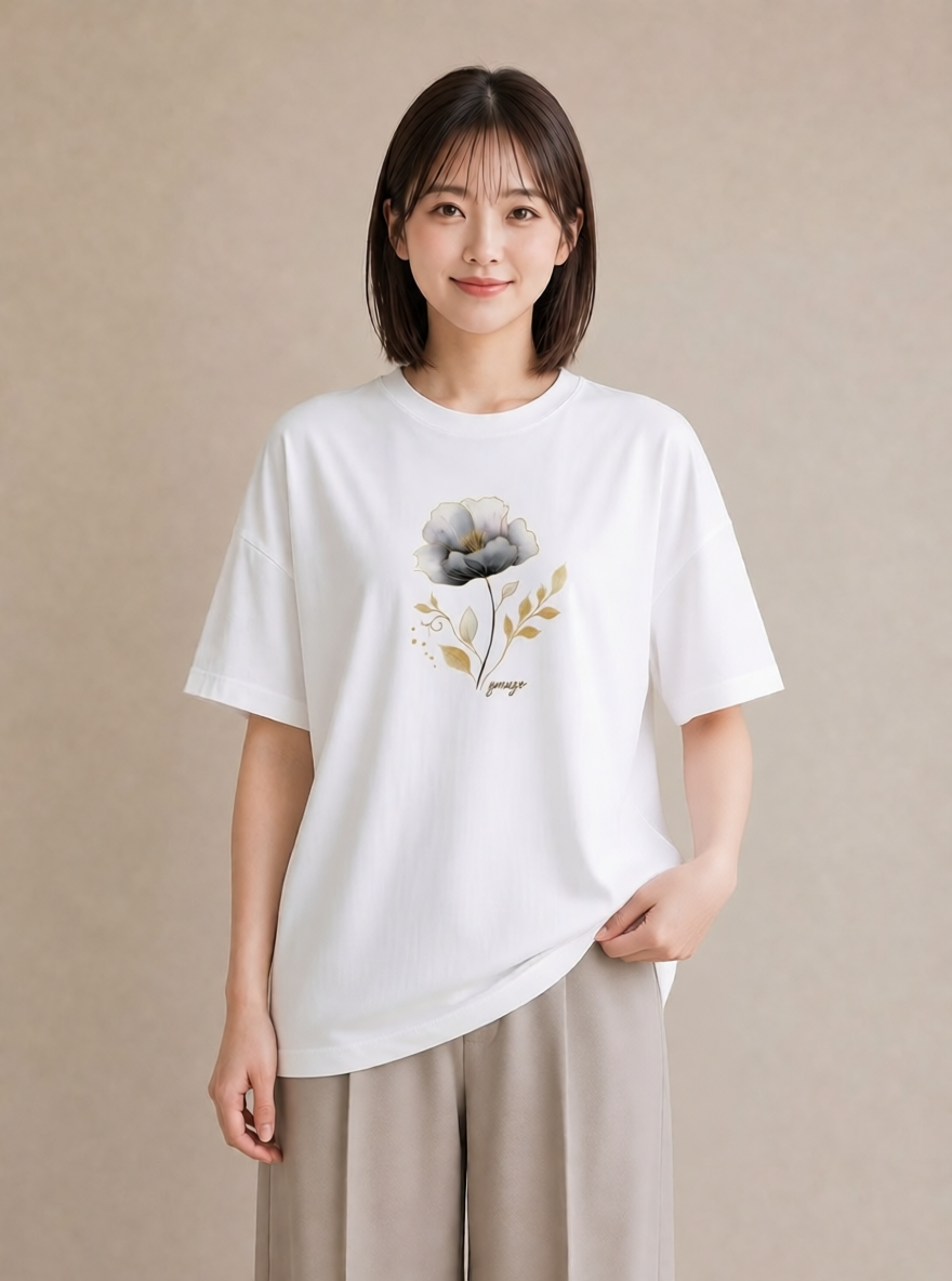 プリントTシャツ レディース 蓮 花 花柄 イラスト シック ラフ レイヤード 白T