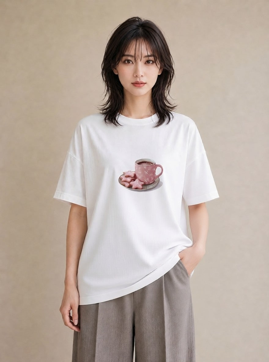 半袖Tシャツ レディース ココア 食べ物 フード イラスト ミセス 春コーデ 白T