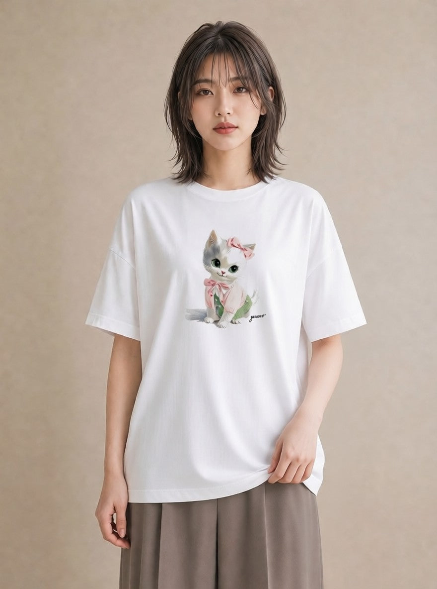デザインTシャツ レディース 子猫 猫 ねこ イラスト 水彩風 自分用 ルームウェア 白T