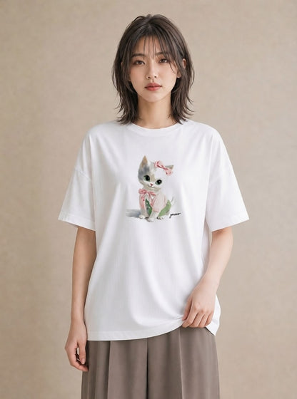 デザインTシャツ レディース 子猫 猫 ねこ イラスト 水彩風 自分用 ルームウェア 白T