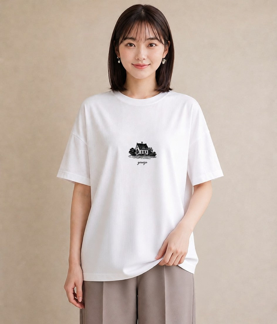 Tシャツ レディース 湖畔の小屋 湖 小屋 ナチュラル アンティーク イラスト アート風 母の日 ビーチ 白T