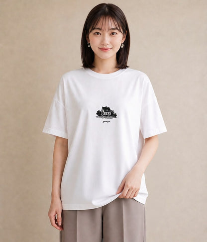 Tシャツ レディース 湖畔の小屋 湖 小屋 ナチュラル アンティーク イラスト アート風 母の日 ビーチ 白T