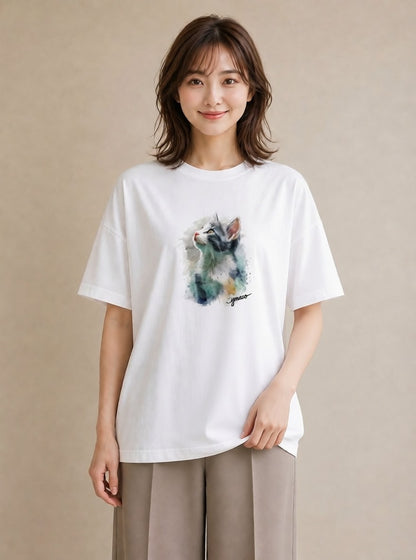 半袖Tシャツ レディース しっぽ 猫 ねこ イラスト ゆるコーデ 綿100 デート 白T