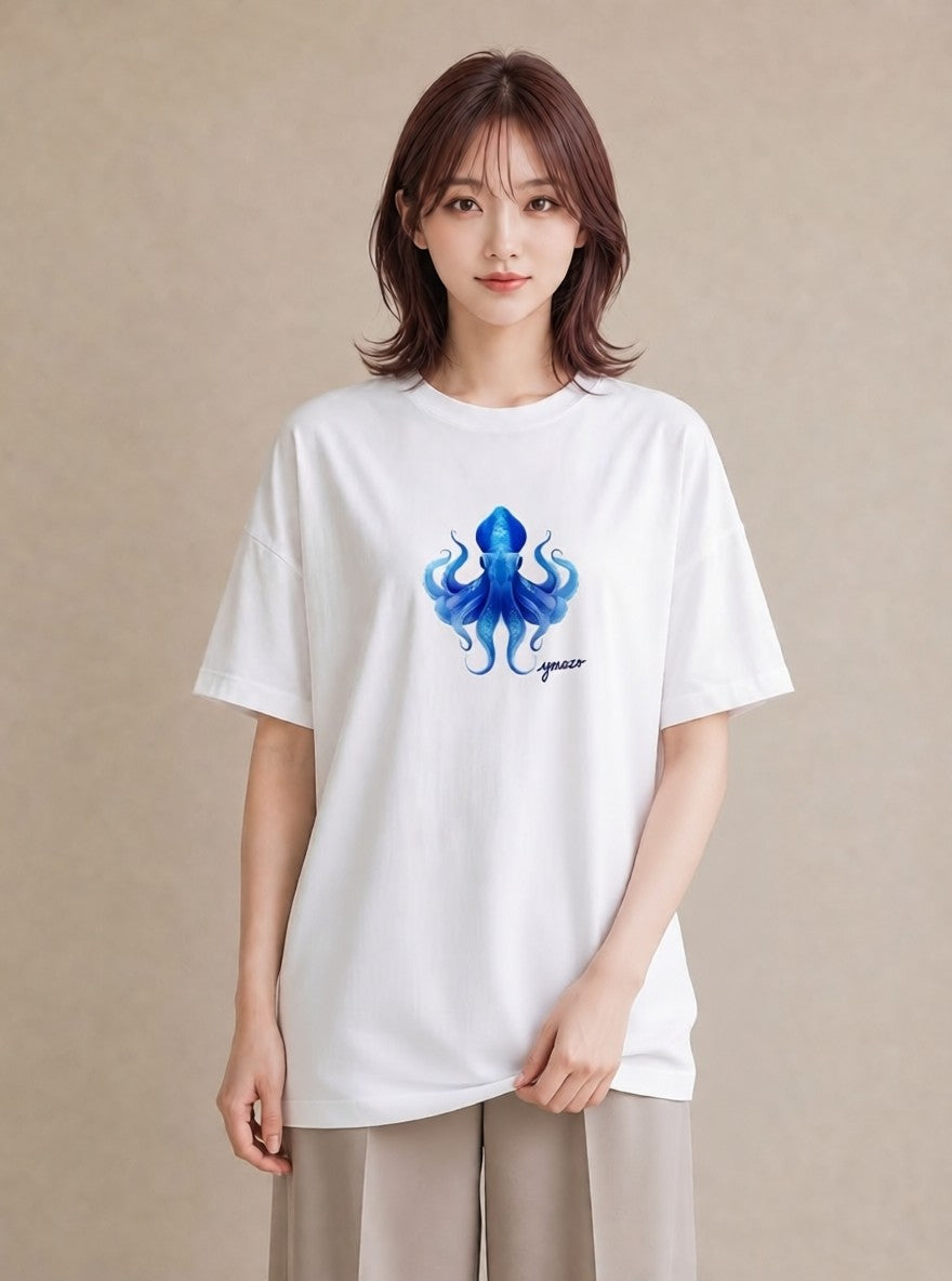 グラフィックTシャツ レディース イカ 海の生き物 海 イラスト ニュアンス カフェ服 クリスマス 白T