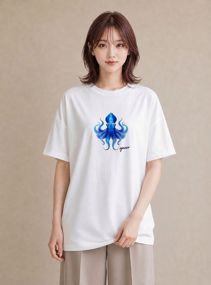 グラフィックTシャツ レディース イカ 海の生き物 海 イラスト ニュアンス カフェ服 クリスマス 白T