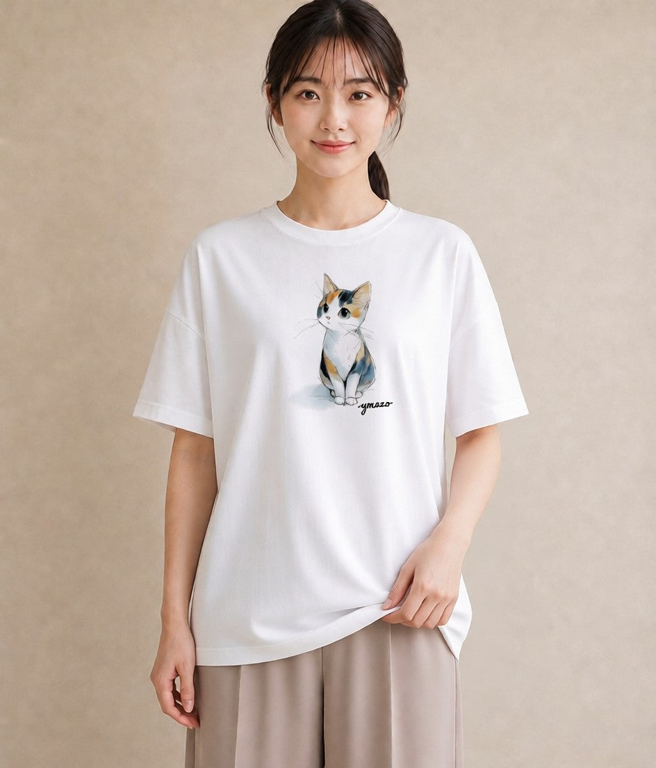 デザインTシャツ レディース ハチワレ 白黒猫 猫 ねこ イラスト カフェコーデ 女性 旅行用 白T