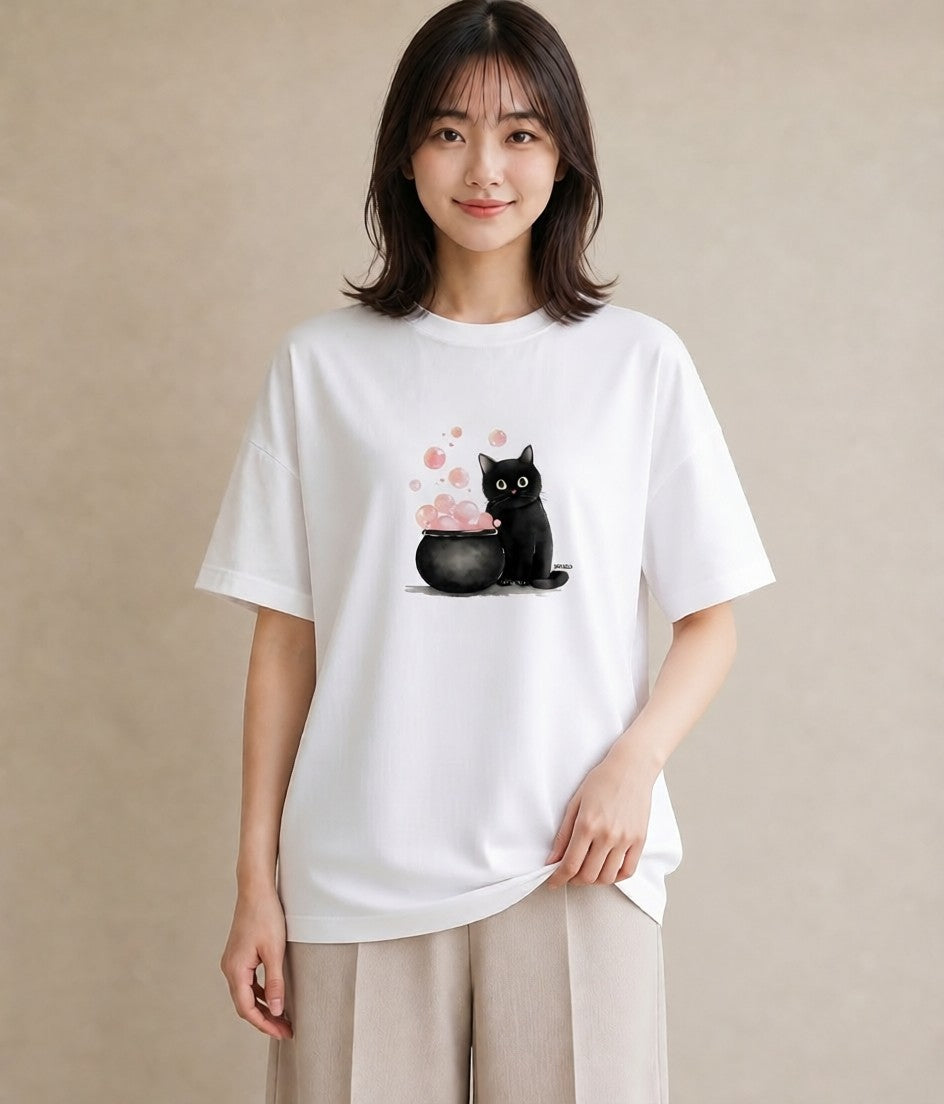 半袖Tシャツ レディース 黒猫 猫 ねこ イラスト ボタニカル 社会人 女性 白T