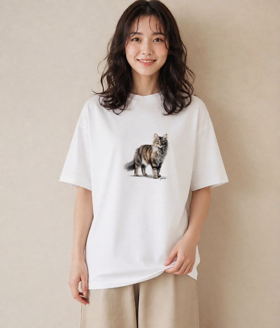 グラフィックTシャツ レディース メインクーン 猫 ねこ イラスト 秋コーデ おしゃれギフト 白T