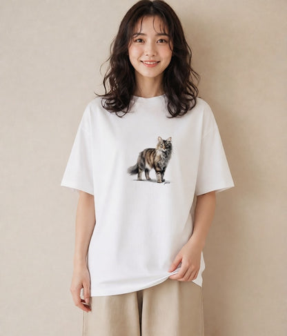 グラフィックTシャツ レディース メインクーン 猫 ねこ イラスト 秋コーデ おしゃれギフト 白T
