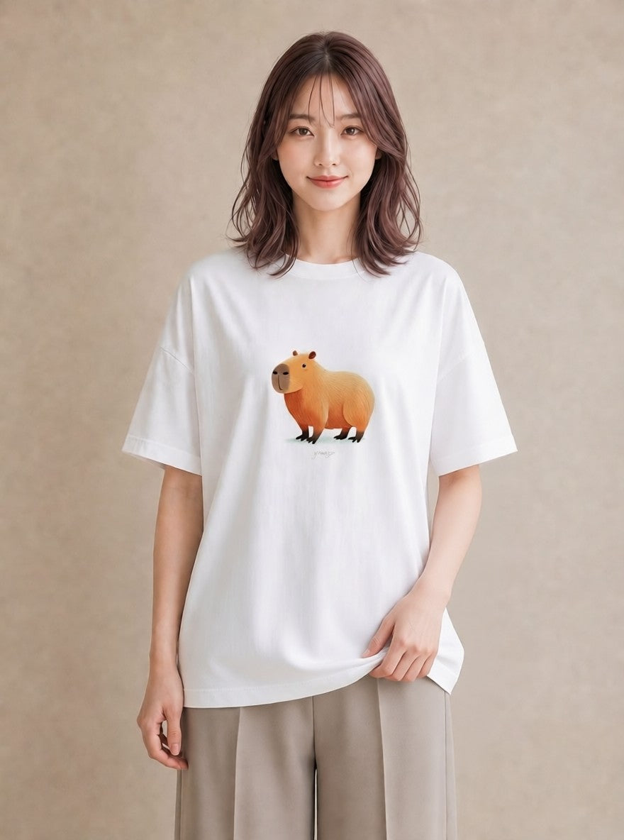 Tシャツ レディース カピバラ かぴばら 動物 アニマル イラスト 個性的 友達ギフト 部屋着 白T