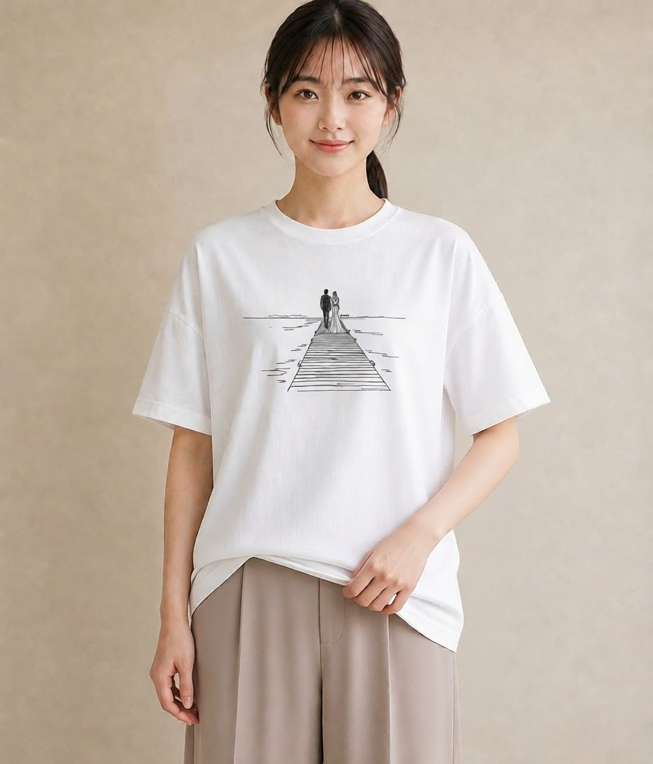 プリントTシャツ レディース 桟橋 水辺 波止場 ナチュラル アンティーク イラスト 線画 レイヤード 友達ギフト 白T