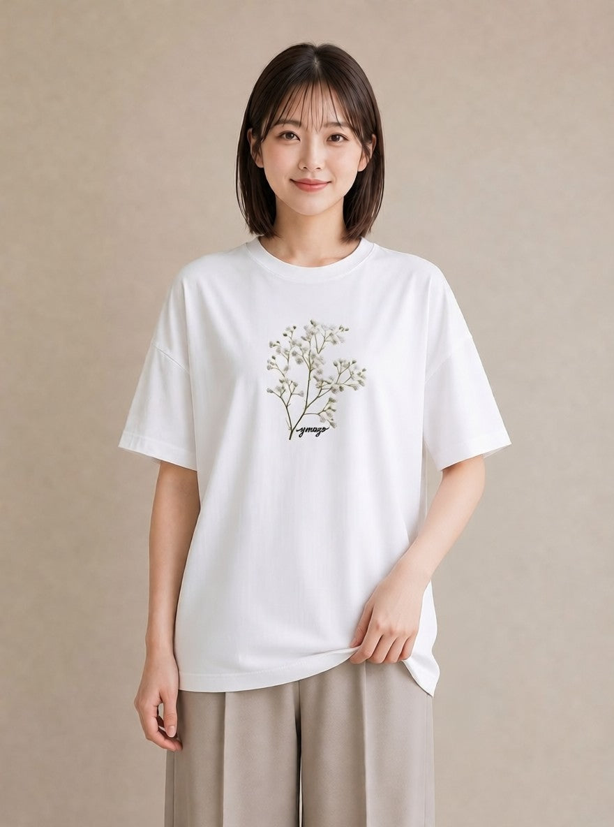 プリントTシャツ レディース カスミソウ かすみ草 花 花柄 イラスト 手描き風 デート 帰省 白T