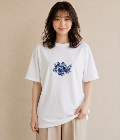 半袖Tシャツ レディース グッピー ペット 動物 イラスト 手描き風 買い物 夏コーデ 白T
