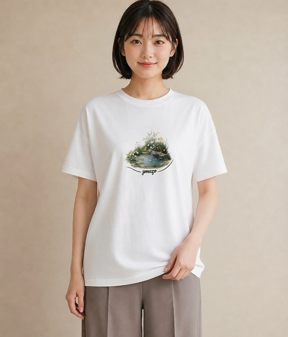 グラフィックTシャツ レディース 桟橋 水辺 波止場 ナチュラル アンティーク イラスト 線画 友達ギフト 部屋着 白T