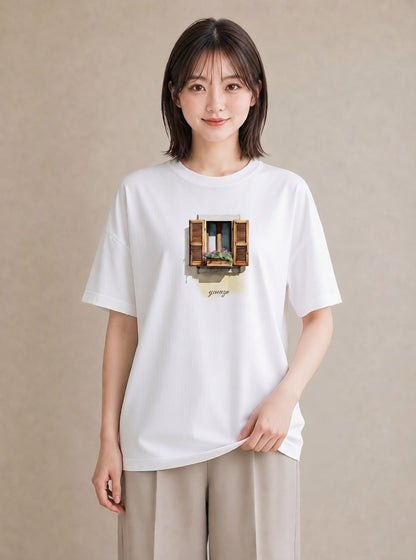 グラフィックTシャツ レディース 窓辺の雨 雨の日 窓 ナチュラル アンティーク イラスト 個性的 デイリーウェア 休日 白T
