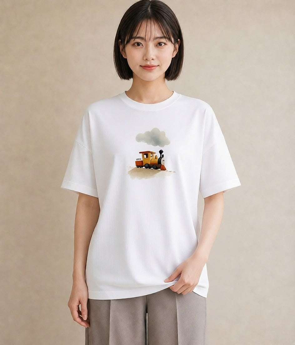 Tシャツ レディース 駅のホーム ローカル線 駅 ナチュラル アンティーク イラスト アート風 公園 ママ 白T