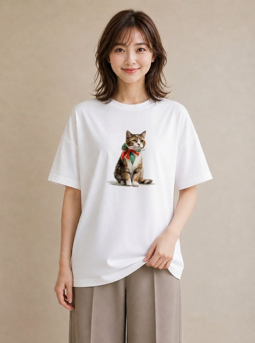 デザインTシャツ レディース 子猫 猫 ねこ イラスト ラフ 普段着 週末コーデ 白T