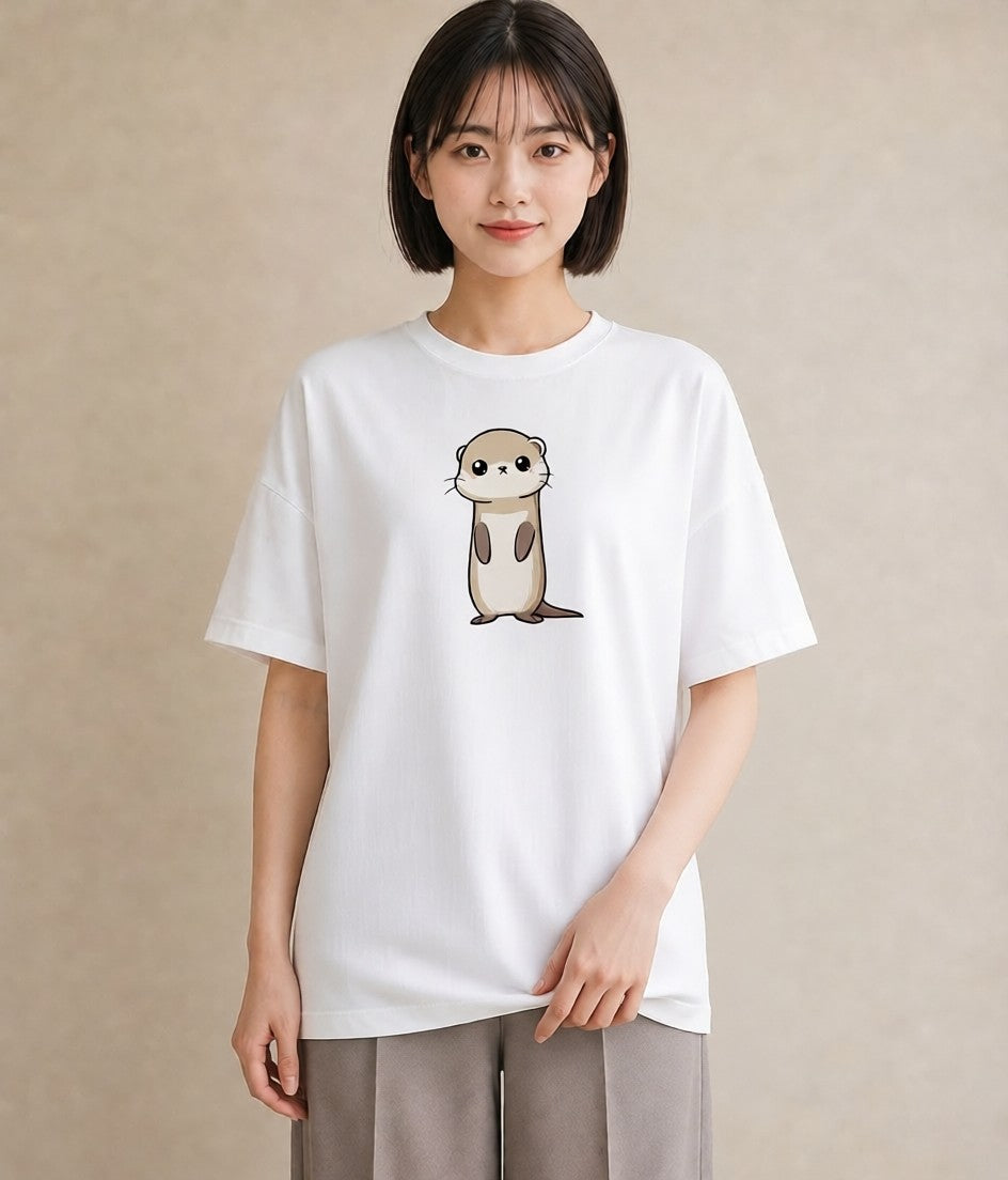半袖Tシャツ レディース コツメカワウソ 動物 アニマル イラスト シンプル 普段着 週末コーデ 白T