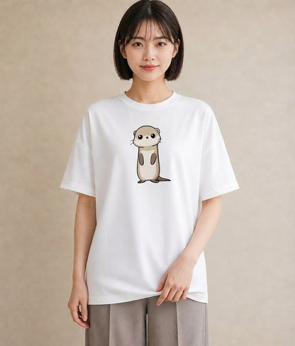 半袖Tシャツ レディース コツメカワウソ 動物 アニマル イラスト シンプル 普段着 週末コーデ 白T
