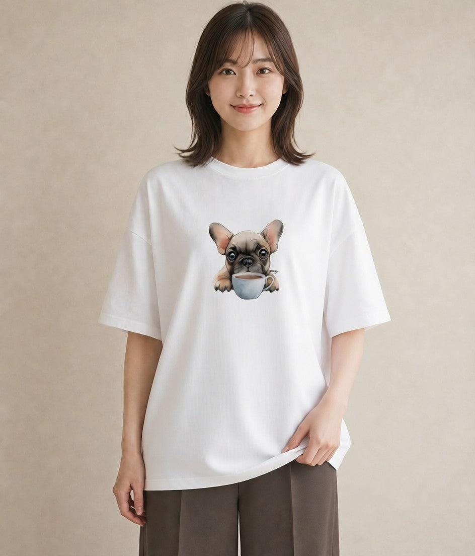 デザインTシャツ レディース フレンチブルドッグ フレブル 犬 いぬ イラスト フェミニン 通学 誕生日プレゼント 白T