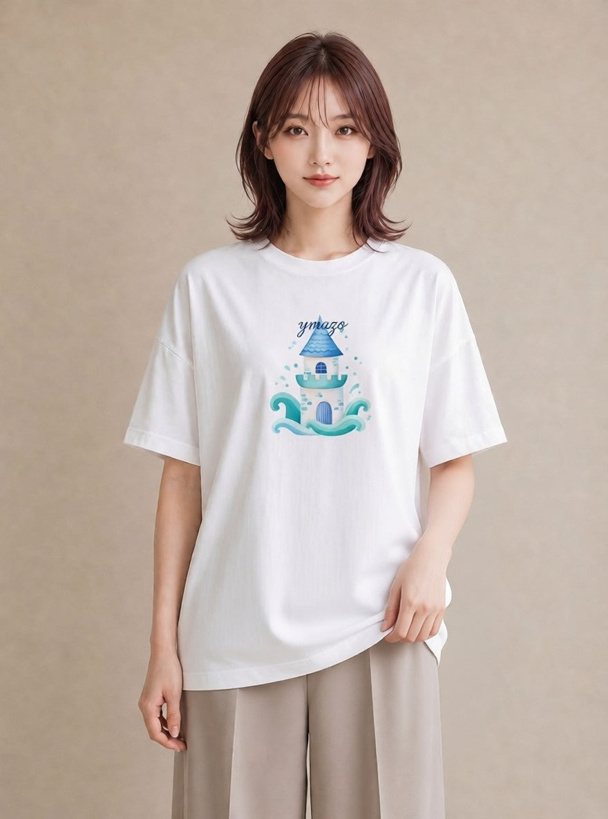半袖Tシャツ レディース 海 星空 宇宙 イラスト 線画 通勤 在宅 白T