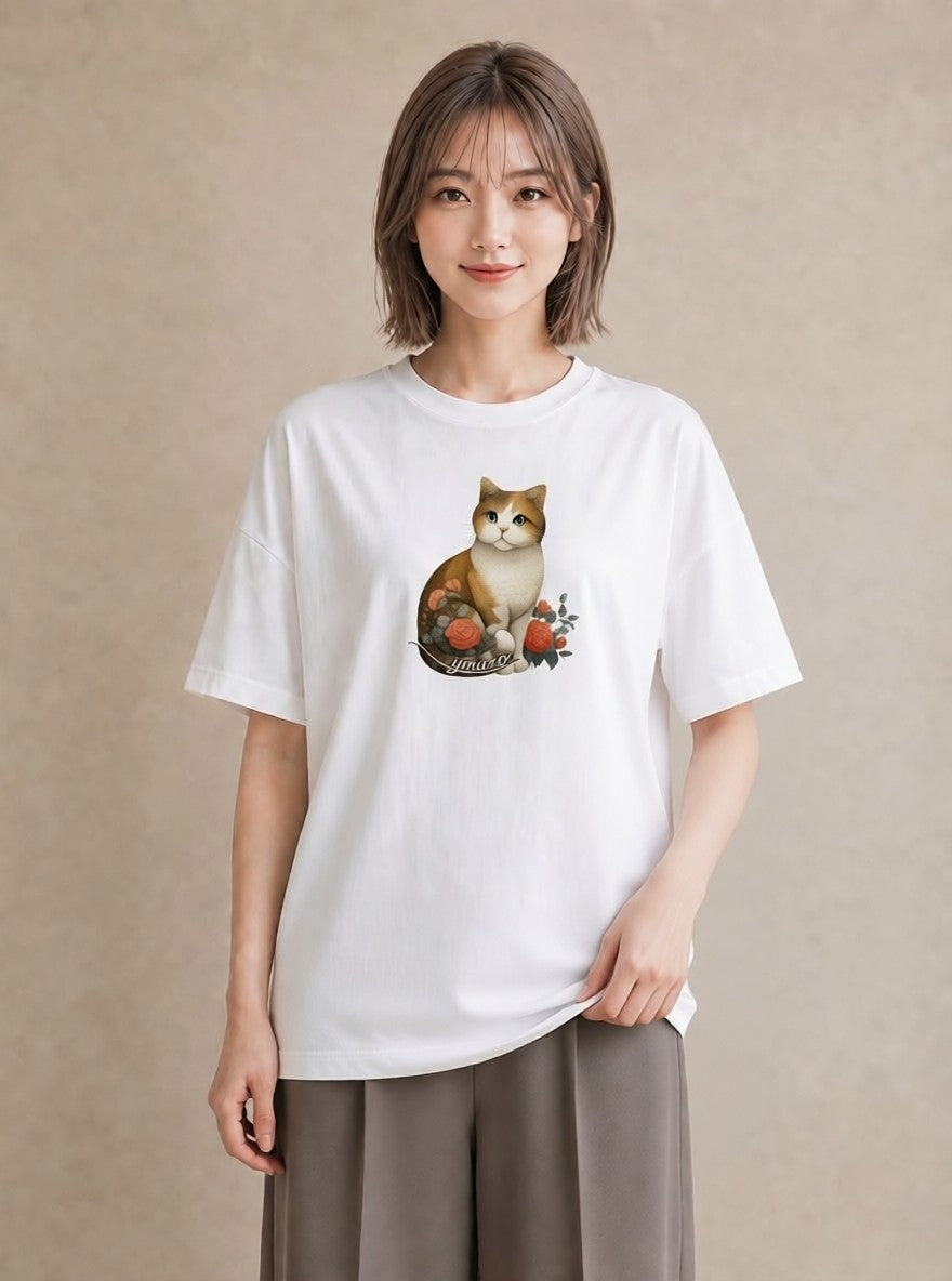 Tシャツ レディース 茶トラ 茶猫 猫 ねこ イラスト 水彩風 公園 ママ 白T