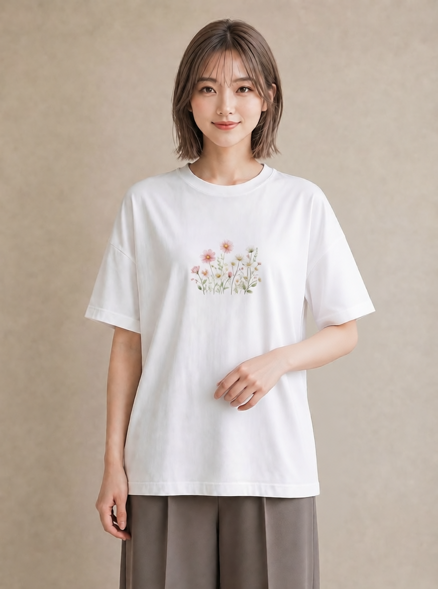 グラフィックTシャツ レディース コスモス 秋桜 花 花柄 イラスト ポップ 春コーデ 姉妹 白T