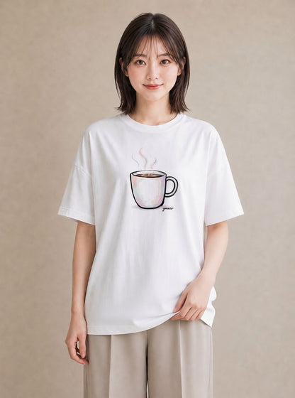プリントTシャツ レディース コーヒー カフェ 珈琲 イラスト こなれ感 ペアコーデ 秋コーデ 白T