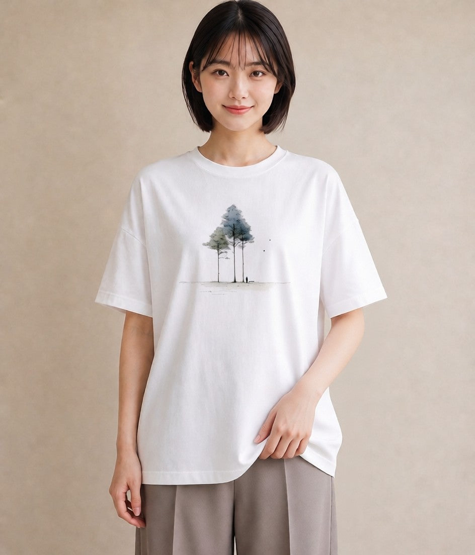グラフィックTシャツ レディース 雨上がりの小道 雨上がり 小道 ナチュラル アンティーク イラスト ゆるかわ カジュアルコーデ 買い物 白T