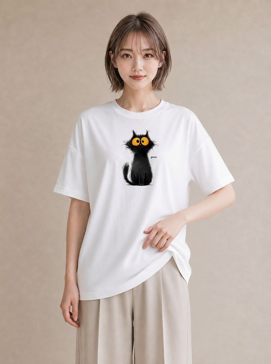 Tシャツ レディース 黒猫 猫 ねこ イラスト フェミニン 散歩 お出かけ 白T