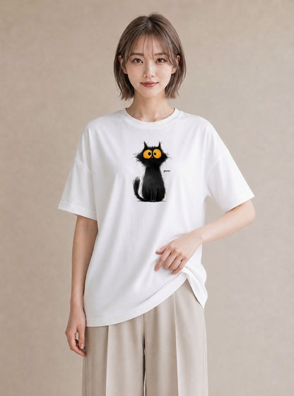 Tシャツ レディース 黒猫 猫 ねこ イラスト フェミニン 散歩 お出かけ 白T