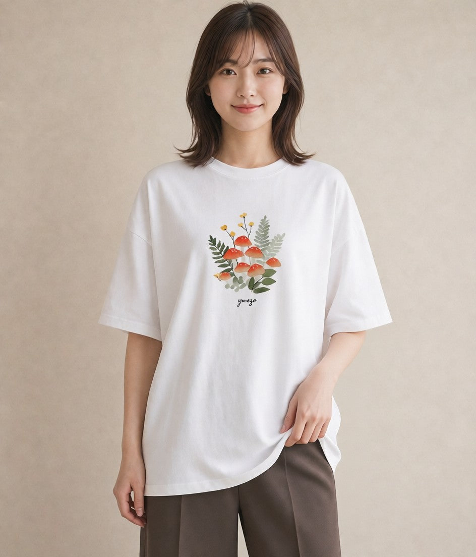 プリントTシャツ レディース きのこ 植物 ボタニカル イラスト きれいめカジュアル 在宅 公園 白T