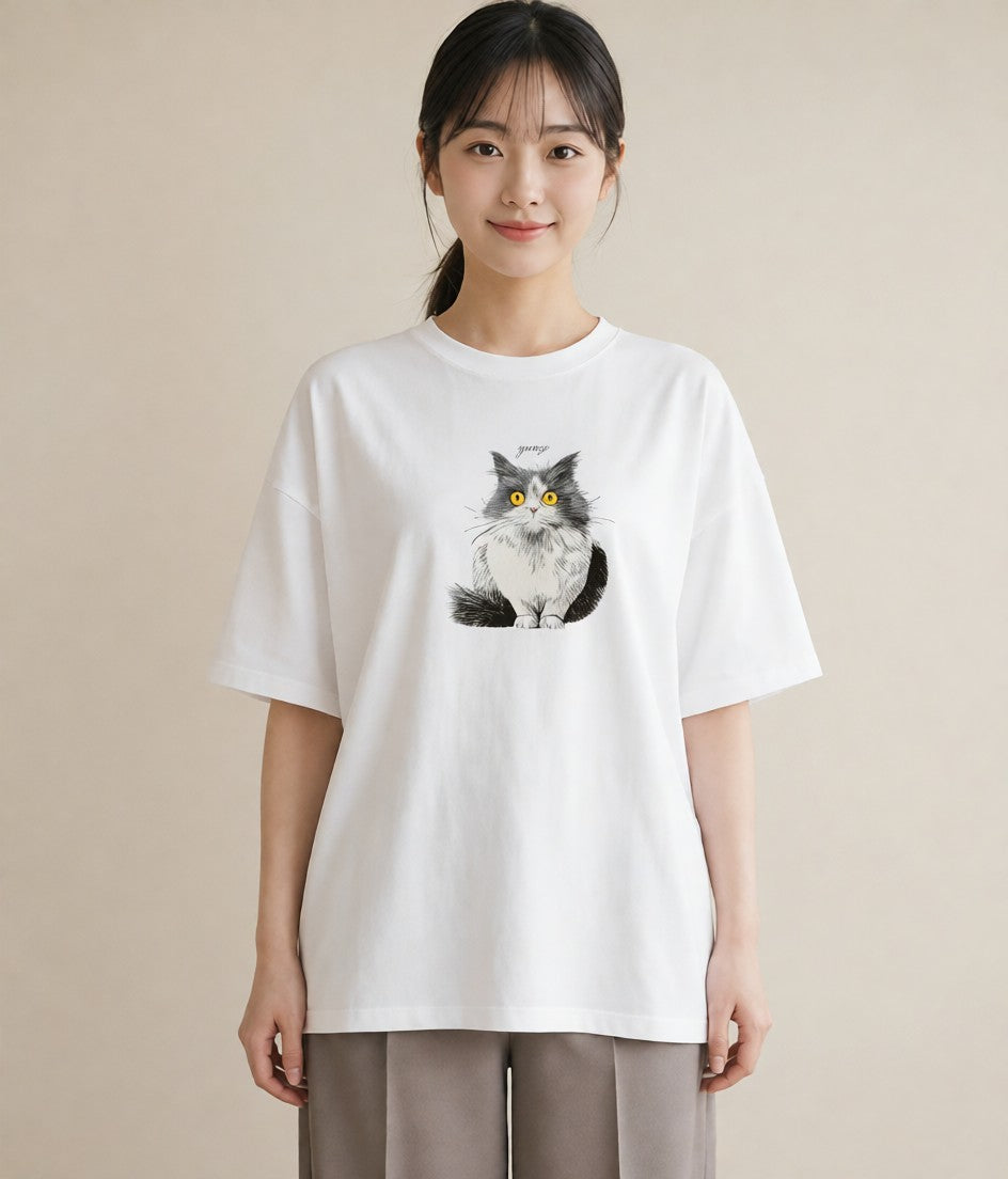 プリントTシャツ レディース 靴下猫 猫 ねこ イラスト 上品 海 カフェ巡り 白T