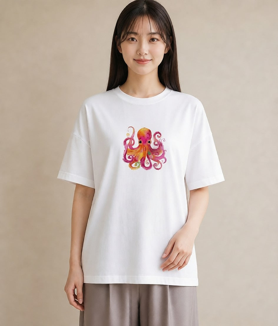 Tシャツ レディース タコ 海の生き物 海 イラスト フェミニン 自分用 ルームウェア 白T