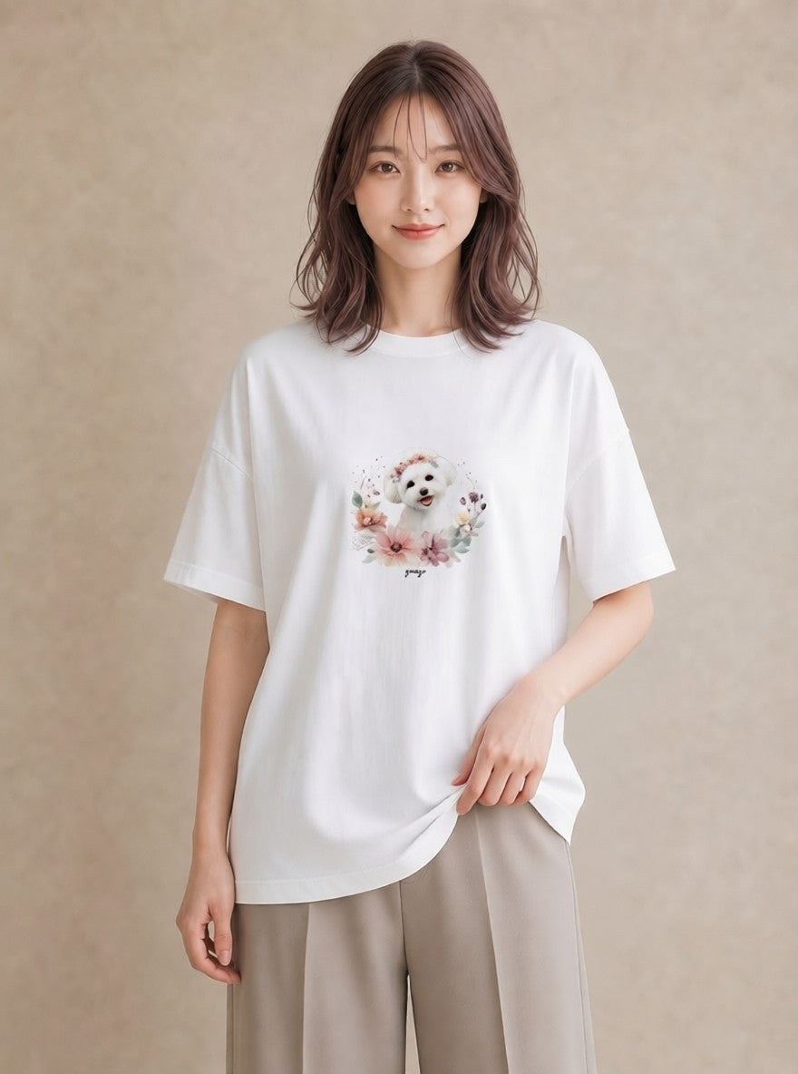 グラフィックTシャツ レディース ビションフリーゼ 犬 いぬ イラスト 水彩風 20代 カジュアルコーデ 白T