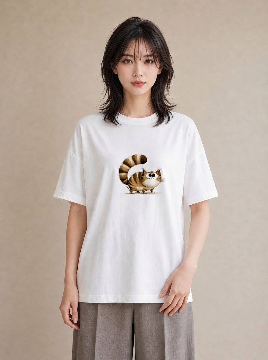 半袖Tシャツ レディース キジトラ 猫 ねこ イラスト ヴィンテージ風 海 カフェ巡り 白T