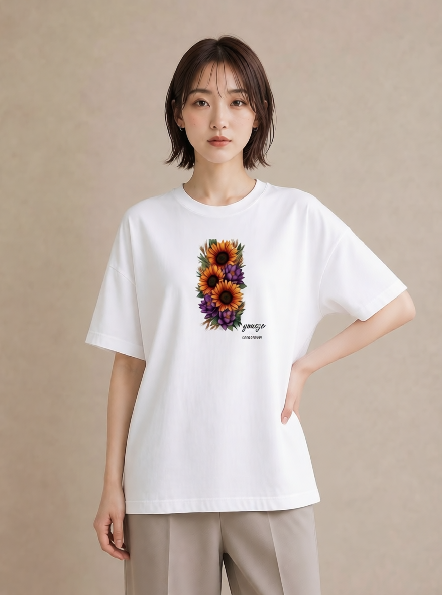 プリントTシャツ レディース ひまわり 向日葵 花 花柄 イラスト アート風 ルームウェア ギフト 白T