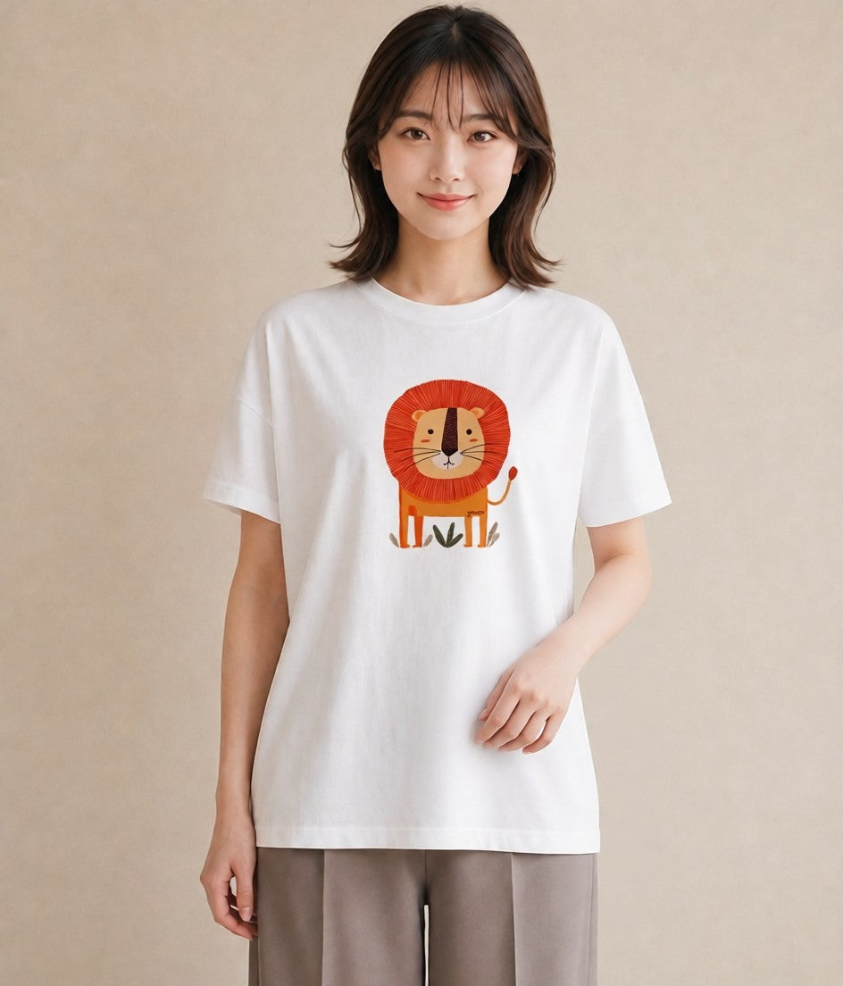 プリントTシャツ レディース ライオン 動物 アニマル イラスト 可愛い デイリーウェア 休日 白T