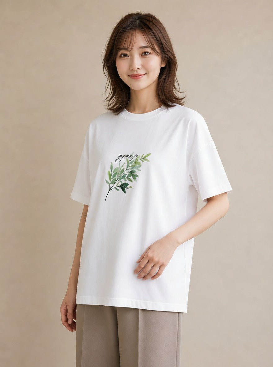 Tシャツ レディース シダ 植物 ボタニカル イラスト きれいめ 在宅 公園 白T