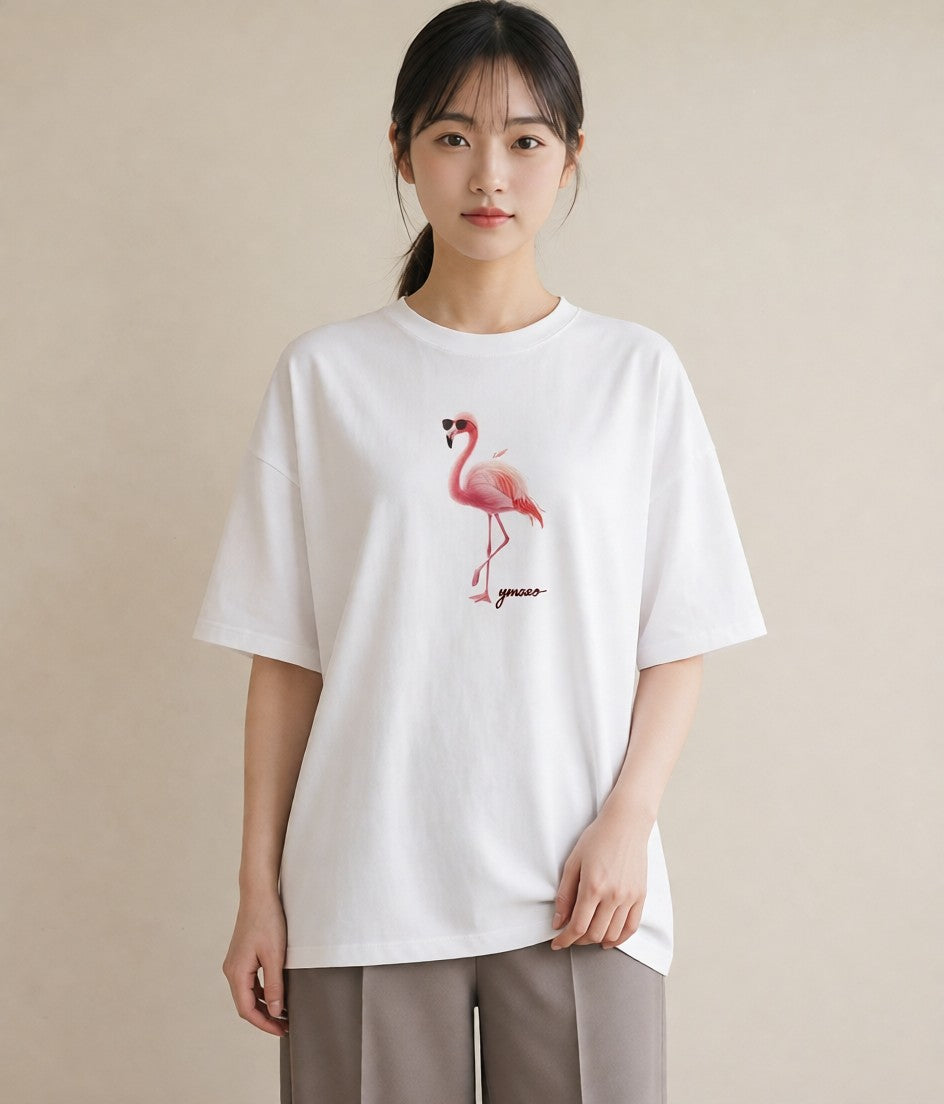 半袖Tシャツ レディース フラミンゴ 動物 アニマル イラスト シック 親子 20代 白T