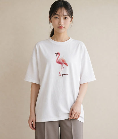 半袖Tシャツ レディース フラミンゴ 動物 アニマル イラスト シック 親子 20代 白T