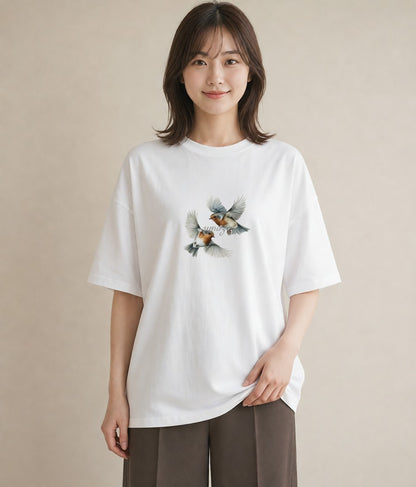 デザインTシャツ レディース 遠い家と鳥 風景 鳥 ナチュラル アンティーク イラスト 抜け感 海 カフェ巡り 白T