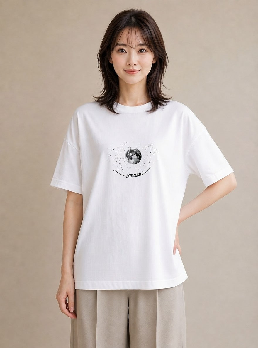 半袖Tシャツ レディース 月と星 星空 ムーン イラスト ゆるコーデ 散歩 お出かけ 白T