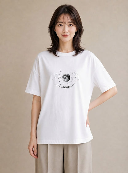 半袖Tシャツ レディース 月と星 星空 ムーン イラスト ゆるコーデ 散歩 お出かけ 白T
