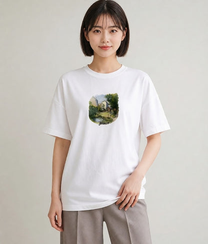 半袖Tシャツ レディース 雨上がりのベンチ ベンチ ナチュラル アンティーク イラスト 水彩風 お出かけ 普段着 白T